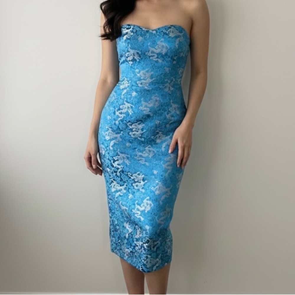 Vintage Dragon Strapless Dress Oriental Cocktail Satin Blue 90s Y2K Size Small